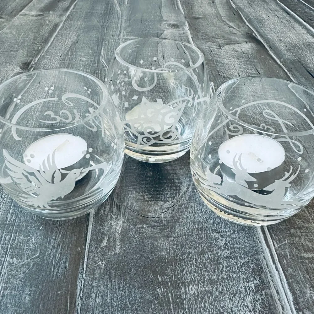 Gorham 3-pc Christmas Holiday Etched Candle Holders Set